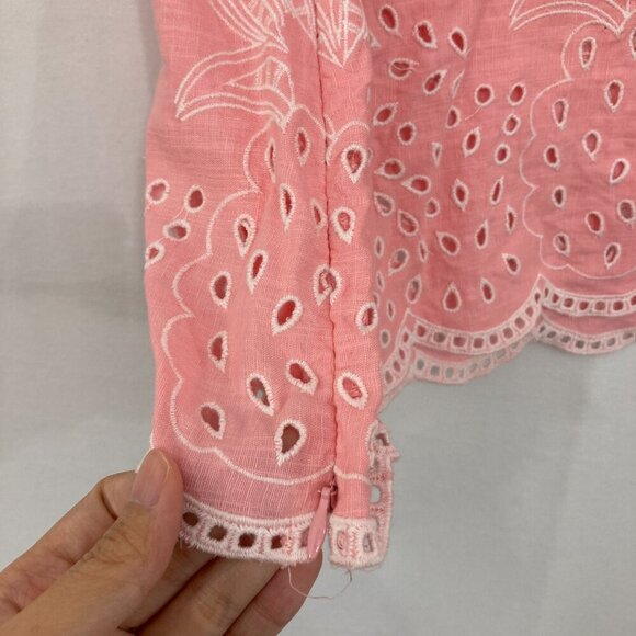 Talbots Large Pink Linen Blend Square Neck Top Embroidered Pineapple Vacation - Picture 10 of 12